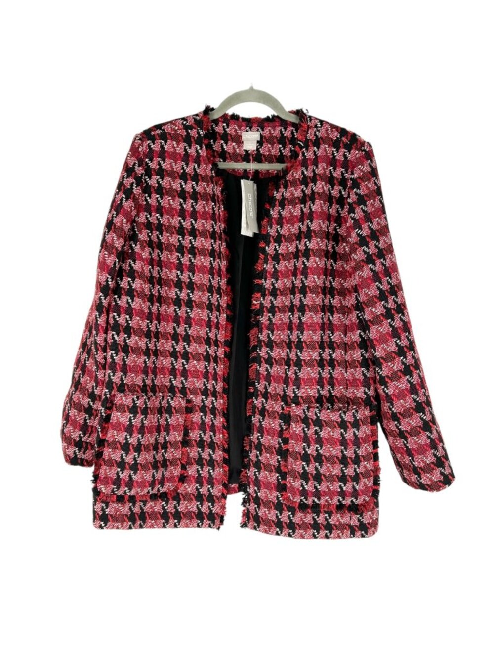 NWT Chico's Open Front Tweed Fringe Blazer Red/Black